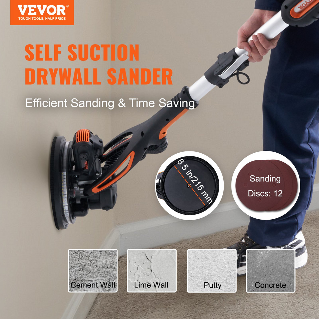 Lijadora de paneles de yeso VEVOR con motor de cepillo de 900 W velocidad variable de 800 a 1800 RPM y autosucción