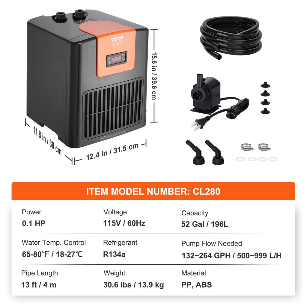 Enfriador de acuario VEVOR 52 galones 196 L enfriador de agua hidropónico de 1/10 HP