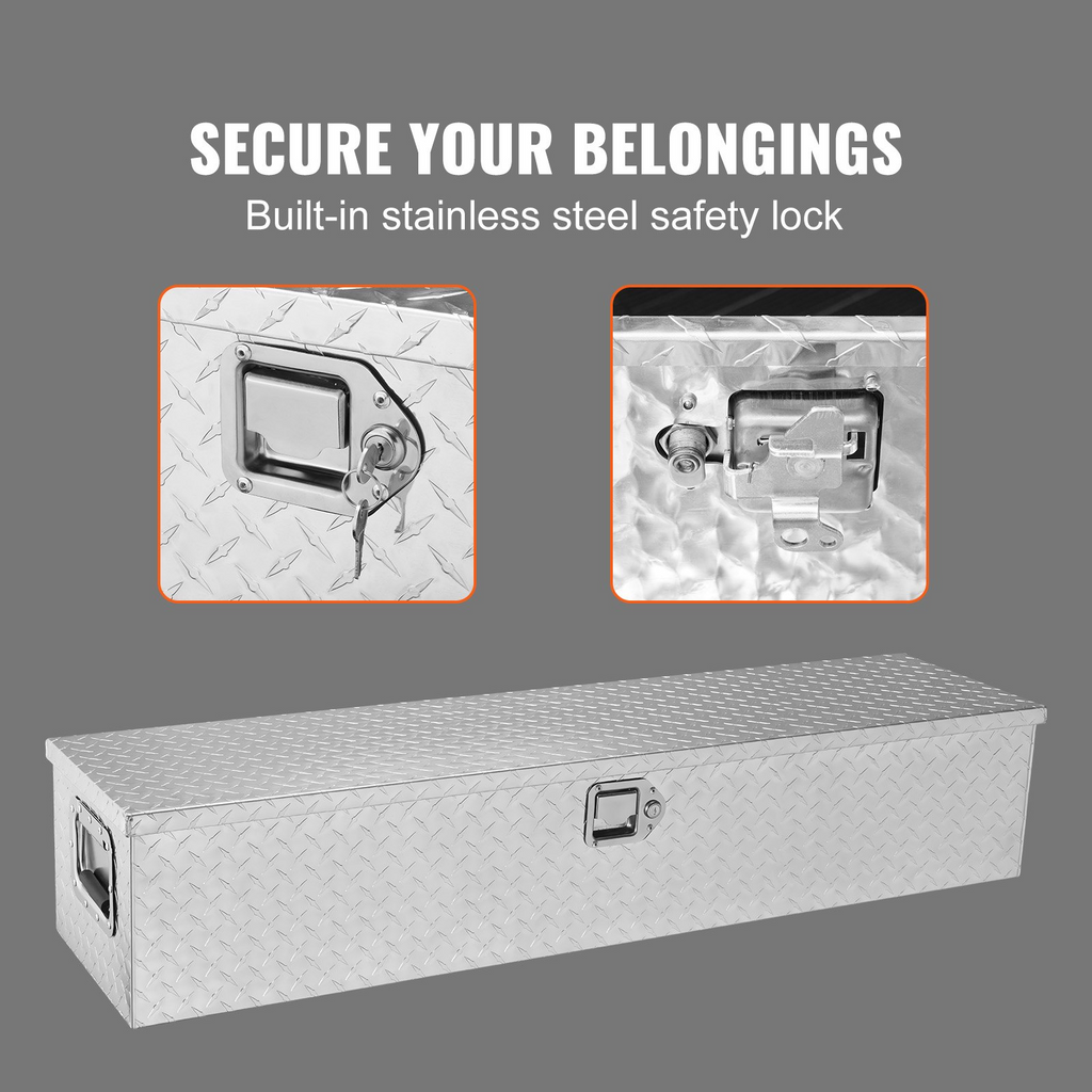 Caja de herramientas de aluminio resistente para caja de camión con placa de diamante con manija lateral y llaves de bloqueo