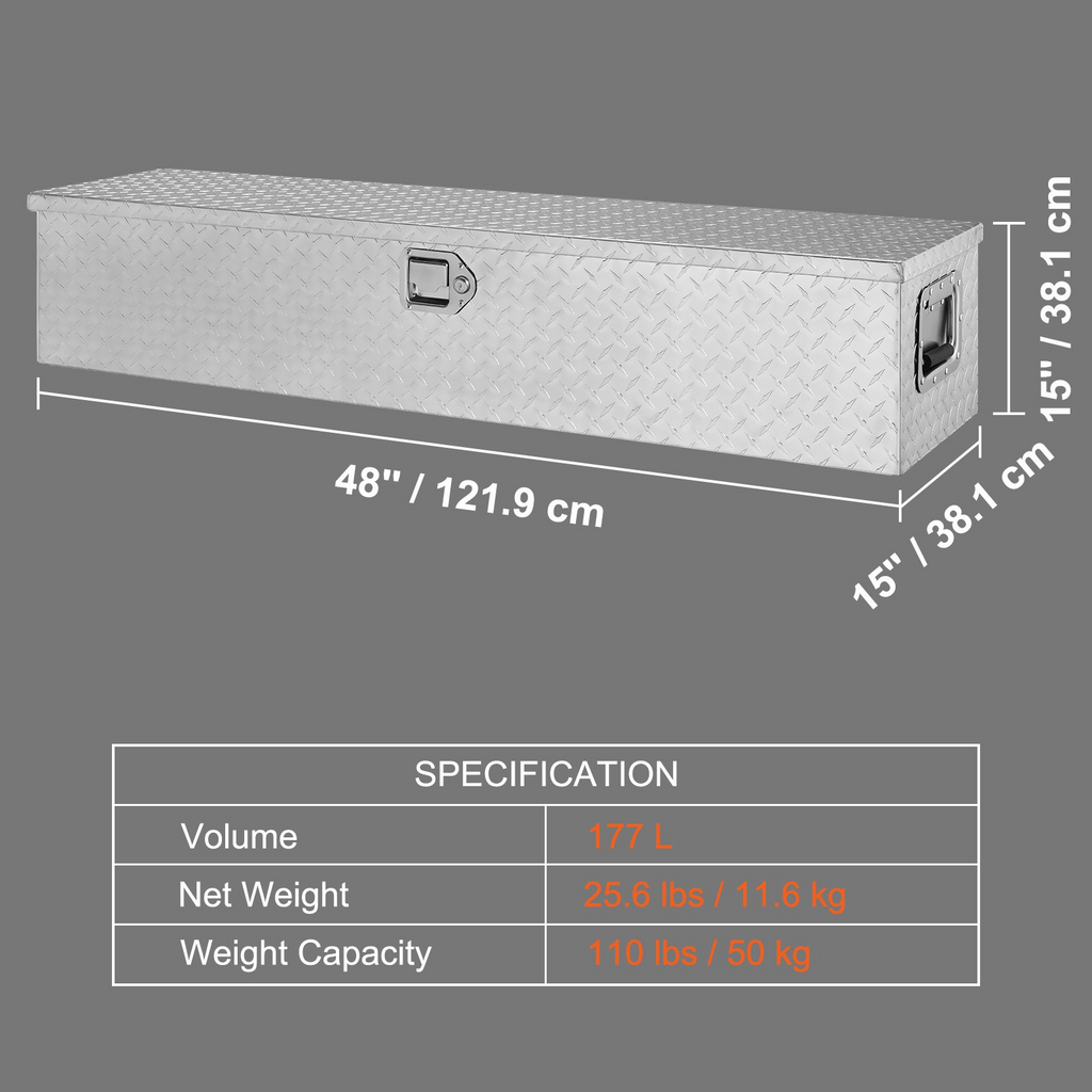 Caja de herramientas de aluminio resistente para caja de camión con placa de diamante con manija lateral y llaves de bloqueo