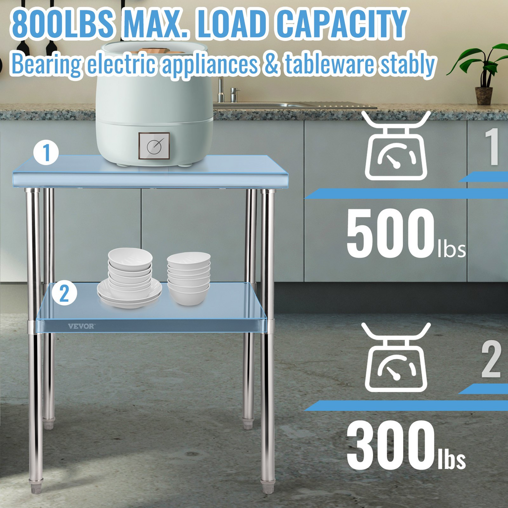 Mesa de preparación de acero inoxidable VEVOR 30 x 30 x 36 pulgadas capacidad de carga de 800 libras