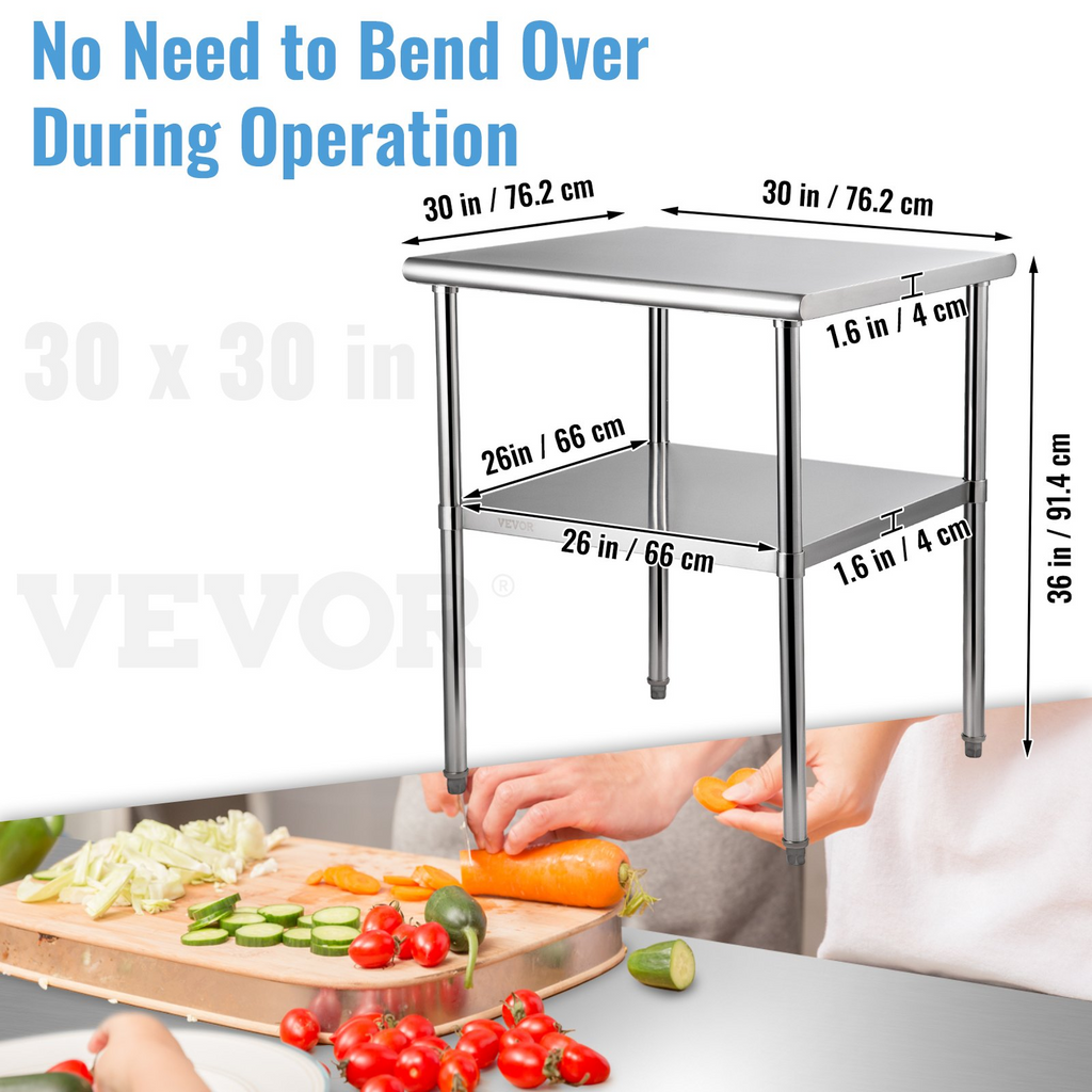 Mesa de preparación de acero inoxidable VEVOR 30 x 30 x 36 pulgadas capacidad de carga de 800 libras