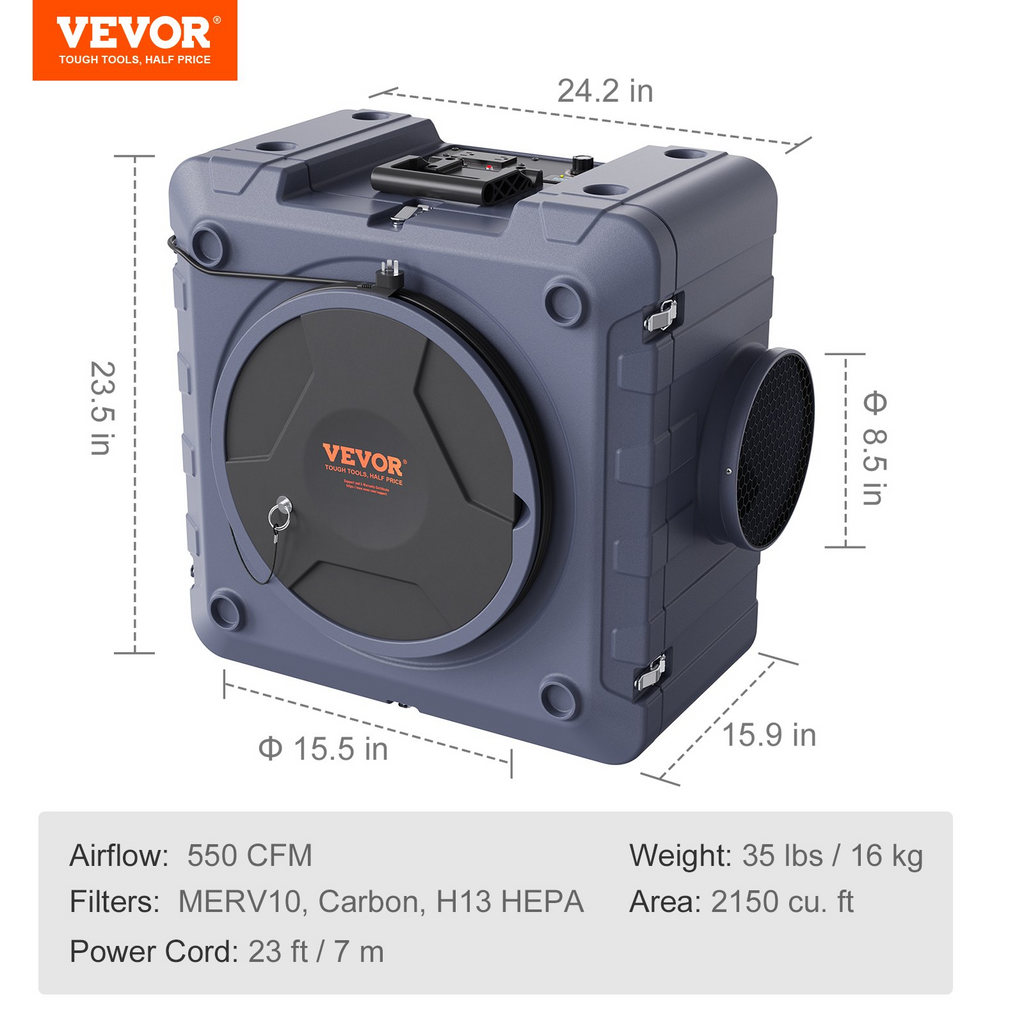 Purificador de aire VEVOR con filtración de 3 etapas de aire negativo apilable de 550 CFM