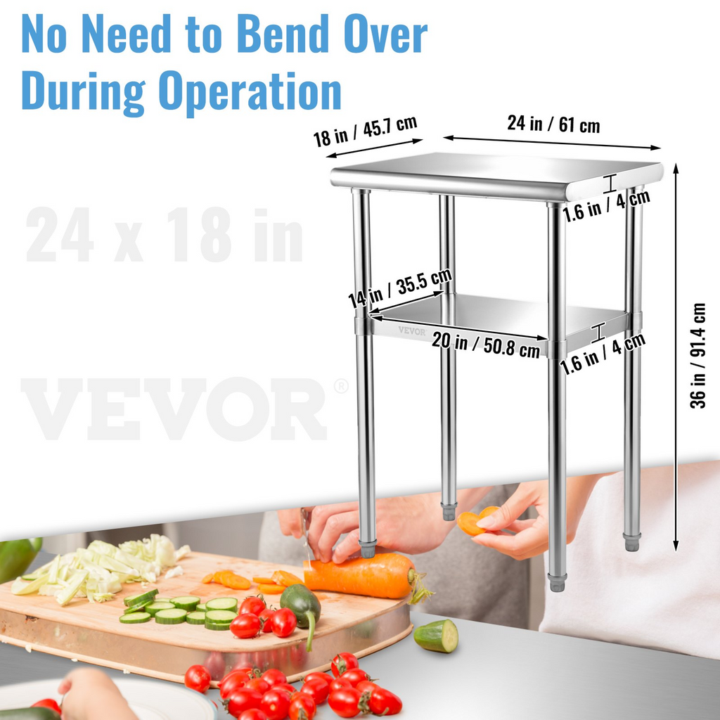 Mesa de preparación de acero inoxidable VEVOR 24 x 18 x 36 pulgadas capacidad de carga de 600 libras