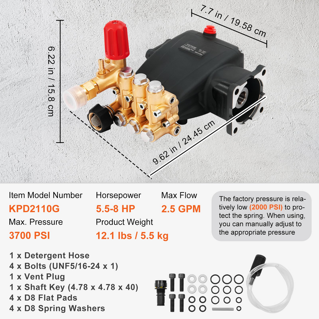 Bomba para hidrolavadora VEVOR émbolo triple horizontal con eje de 3/4" 3700 PSI 2,5 GPM