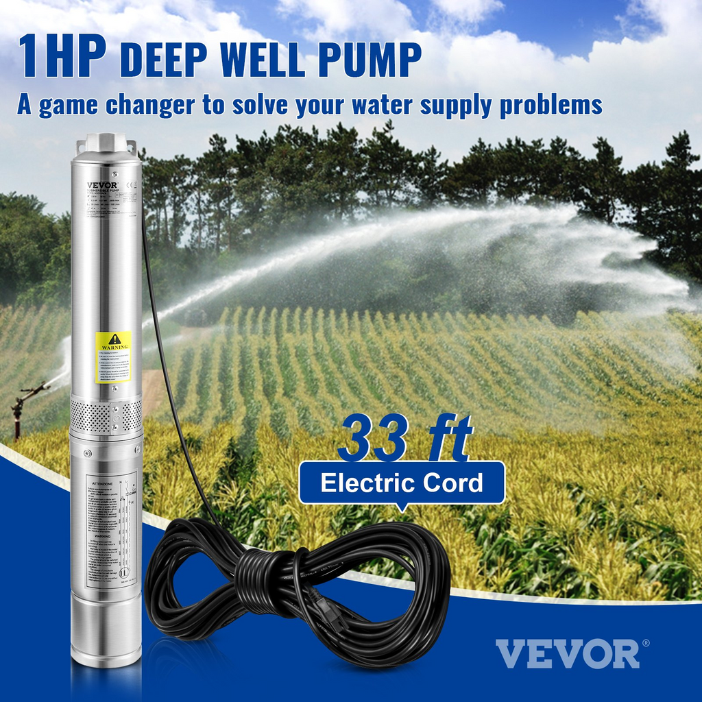 Bomba sumergible para pozos profundos VEVOR 1 HP 115 V/60 Hz caudal de 37 gpm altura de elevación de 207 pies con cable eléctrico de 33 pies