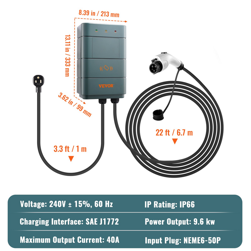 Estación de carga para vehículos eléctricos VEVOR de nivel 2 cargador doméstico de 40 A NEMA6-50