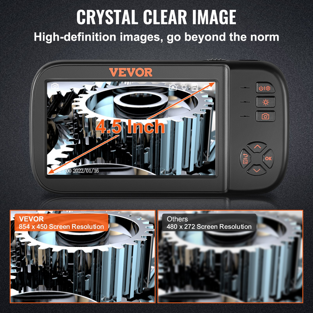 Cámara endoscópica VEVOR de triple lente con luz pantalla de 4,5" 1080P IP67 (cable de 16,5 pies tarjeta de 32 GB)