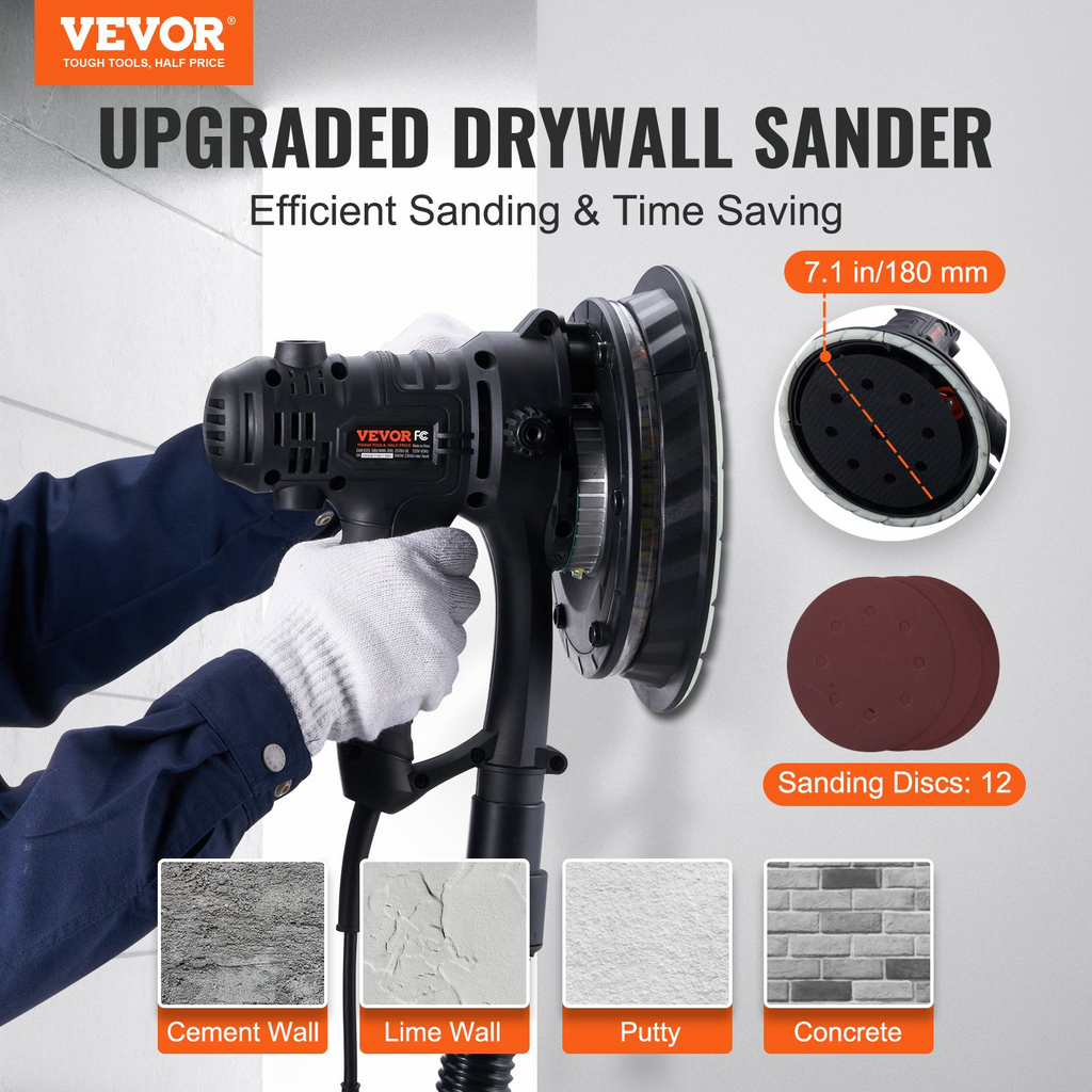Lijadora de paneles de yeso VEVOR con motor de cepillo de 800 W velocidad variable de 1200 a 2300 RPM