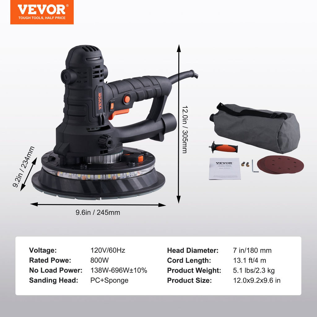 Lijadora de paneles de yeso VEVOR con motor de cepillo de 800 W velocidad variable de 1200 a 2300 RPM