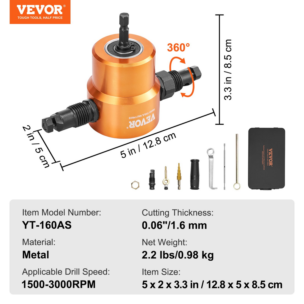 VEVOR Cortadora de chapa de doble cabezal accesorio de taladro de 360 grados con punzón y matriz adicionales