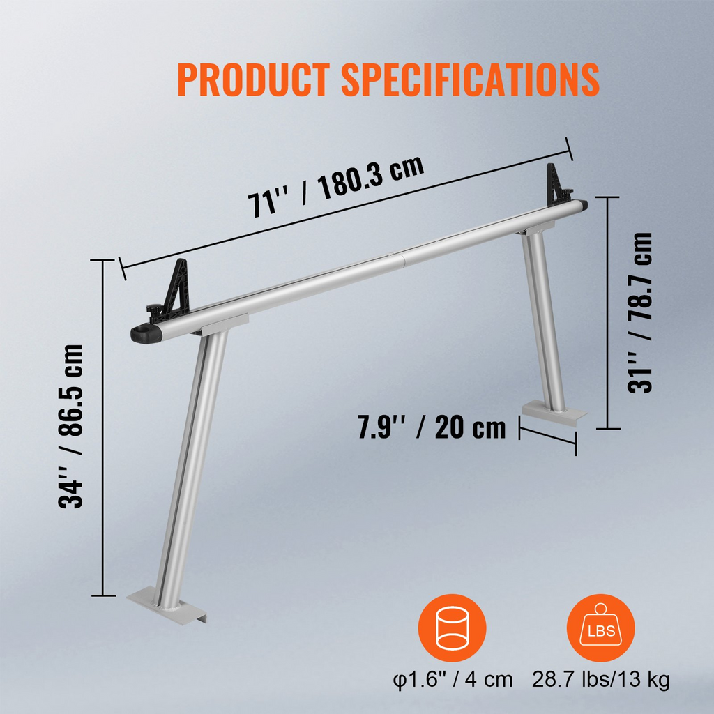 VEVOR - Portaequipajes para camión capacidad de 800 lb 71" x 31" de aluminio para escalera de camión con 8 abrazaderas en C sin perforación