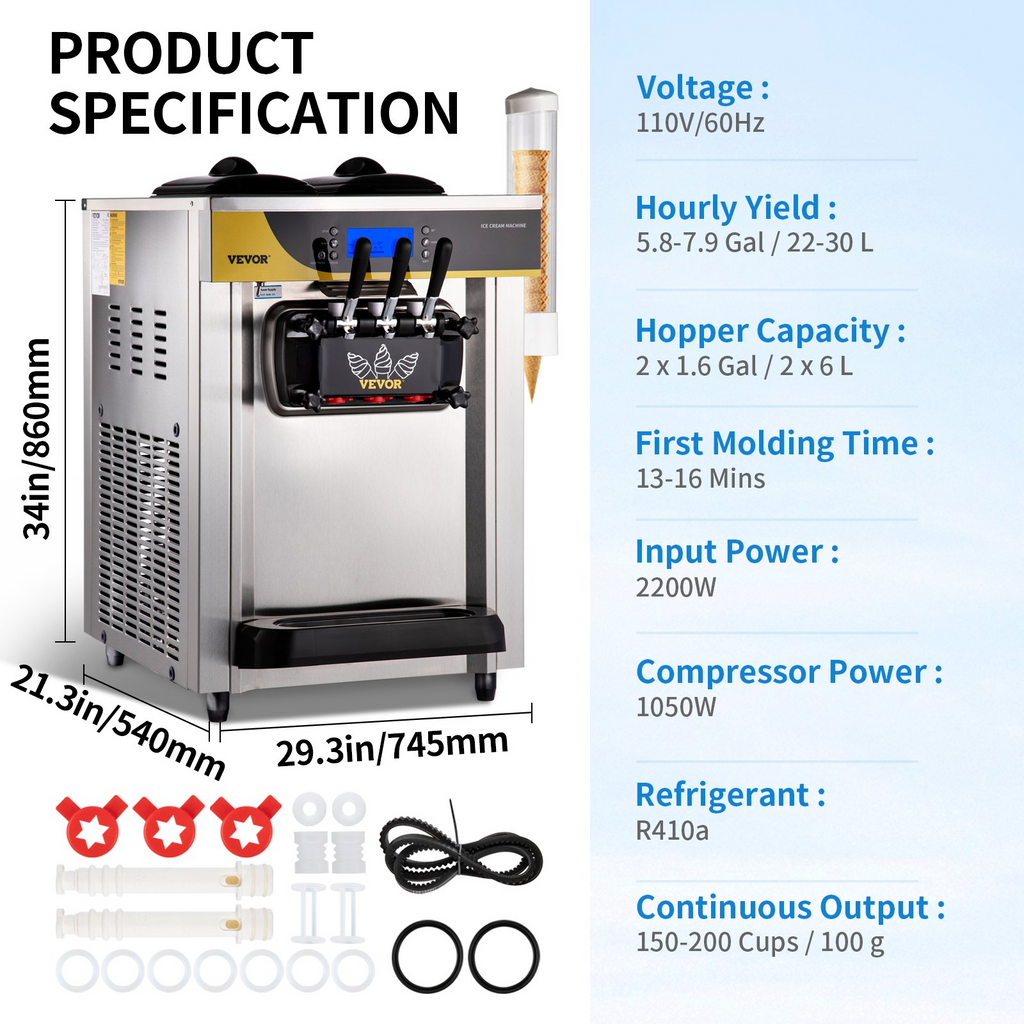 VEVOR - Máquina para hacer helados comerciales de 22-30 l/h 2200 W  con tolva de 2 x 6 l cilindro de 2 l panel LCD