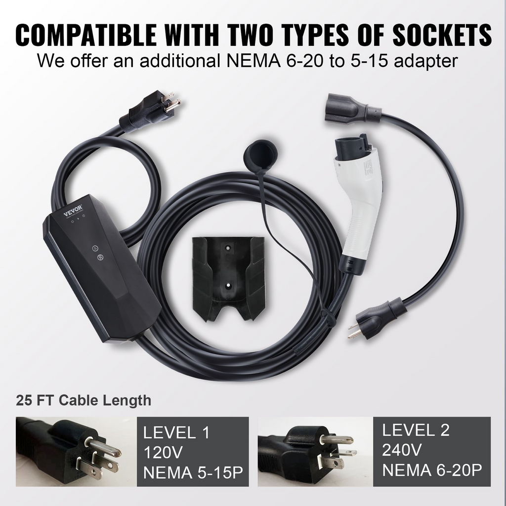 Cargador portátil para vehículos eléctricos VEVOR de nivel 1+2 16 A 120 V o 240 V