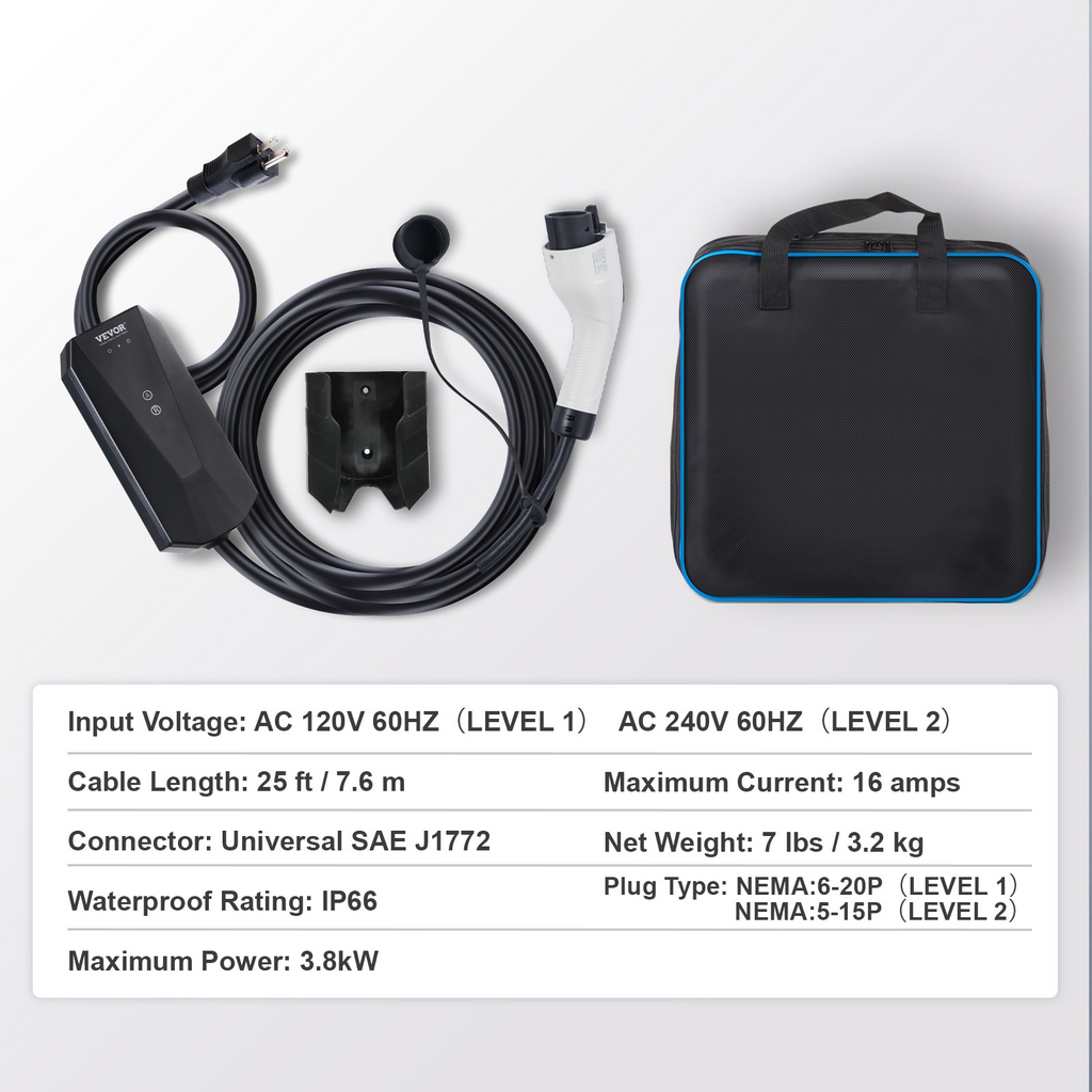 Cargador portátil para vehículos eléctricos VEVOR de nivel 1+2 16 A 120 V o 240 V