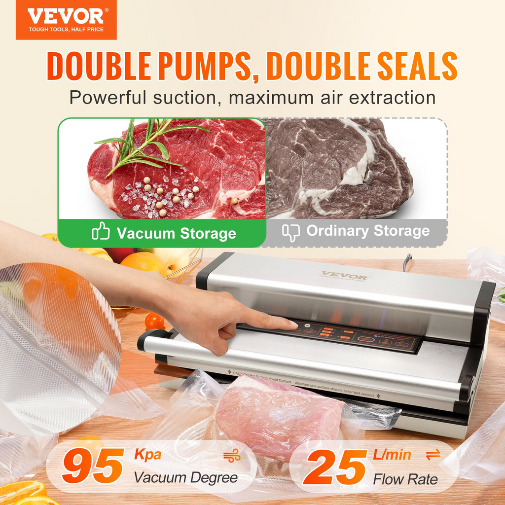 Máquina selladora al vacío VEVOR 95 Kpa 350 W con bomba doble y sellado doble para alimentos secos y húmedos con cortador incorporado