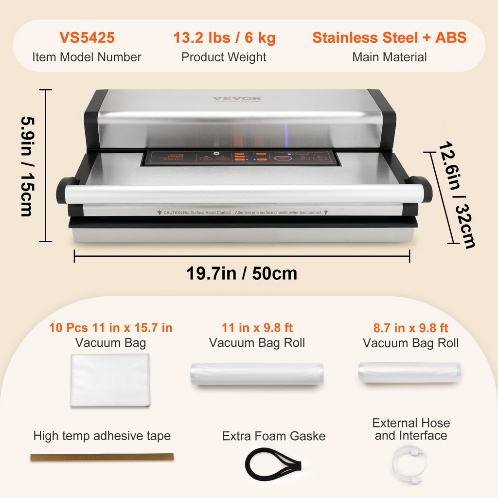 Máquina selladora al vacío VEVOR 95 Kpa 350 W con bomba doble y sellado doble para alimentos secos y húmedos con cortador incorporado