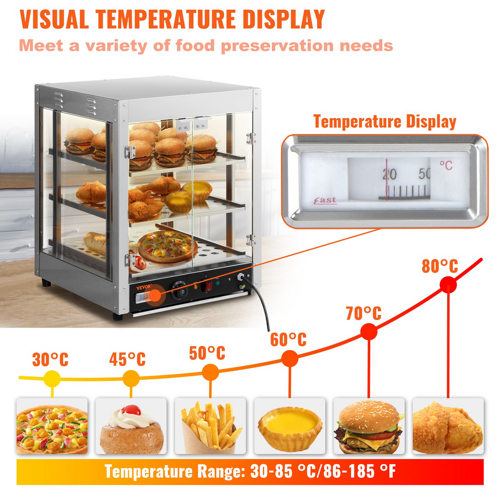 Armario para pizza con encimera y calentador de alimentos comercial de 3 niveles VEVOR con bandeja para agua