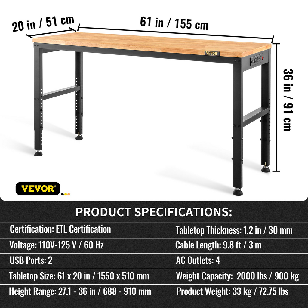 Banco de trabajo VEVOR de altura ajustable mesa de garaje de 61" x 20" con alturas de 27,1" a 36" capacidad de carga de 2000 libras