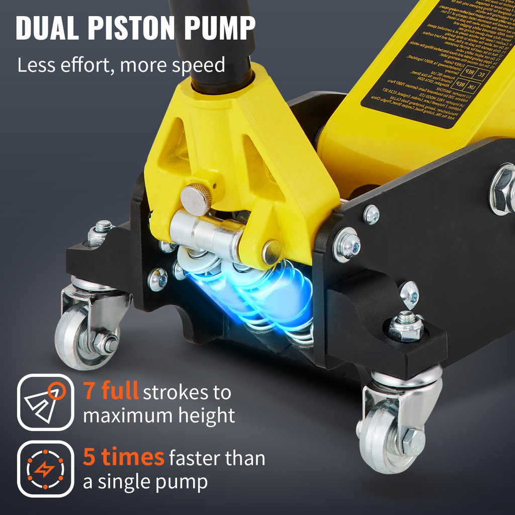 Gato de piso de carreras de acero y aluminio de perfil bajo de 1,5 toneladas VEVOR con bomba doble para elevación de automóviles