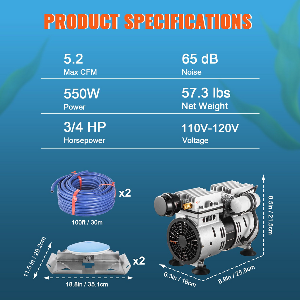 Aireador de estanque VEVOR 550 W de potencia 5,2 CFM para un lago de hasta 3 acres y 50 pies incluye un compresor de 3/4 HP