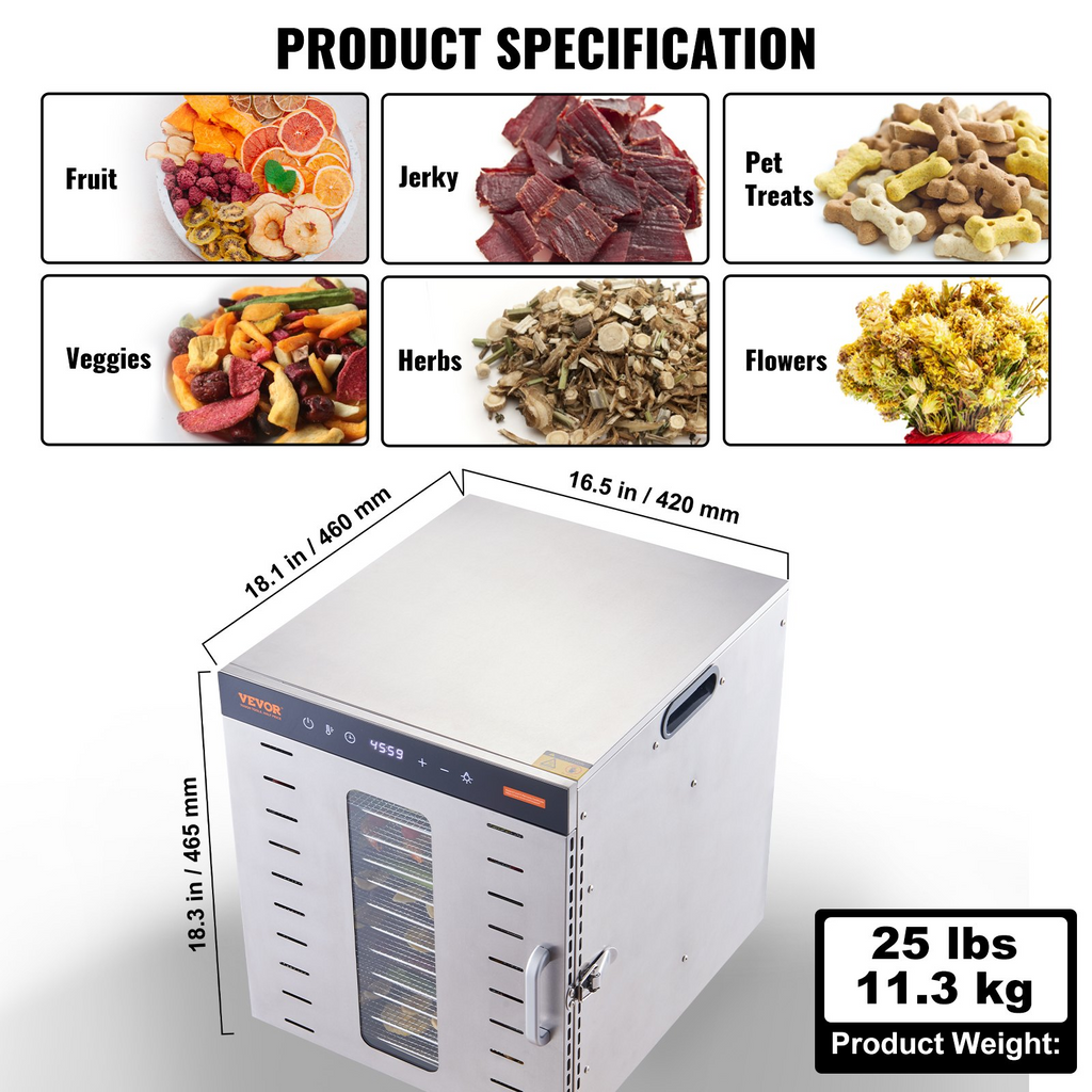 Máquina deshidratadora de alimentos VEVOR 10 bandejas de acero inoxidable