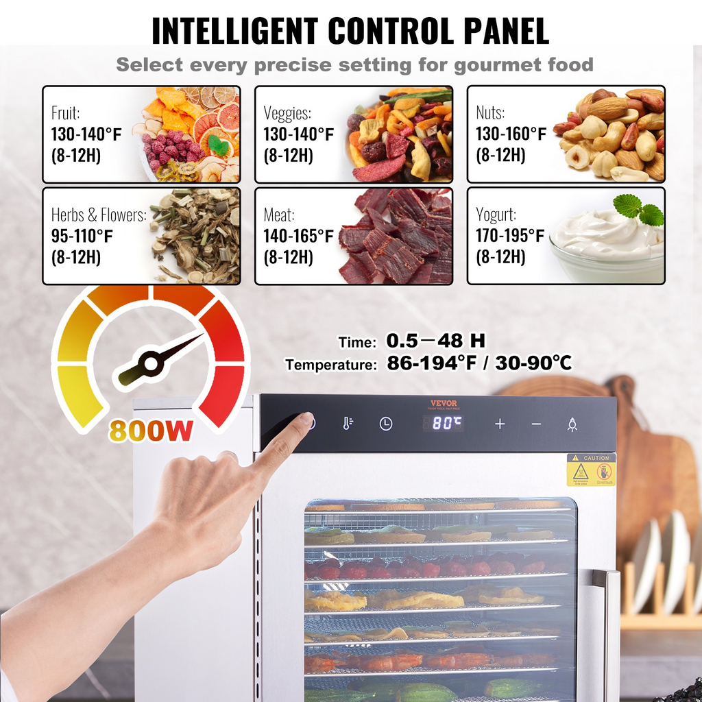 Deshidratador eléctrico de alimentos VEVOR de 800 W 10 bandejas de acero inoxidable
