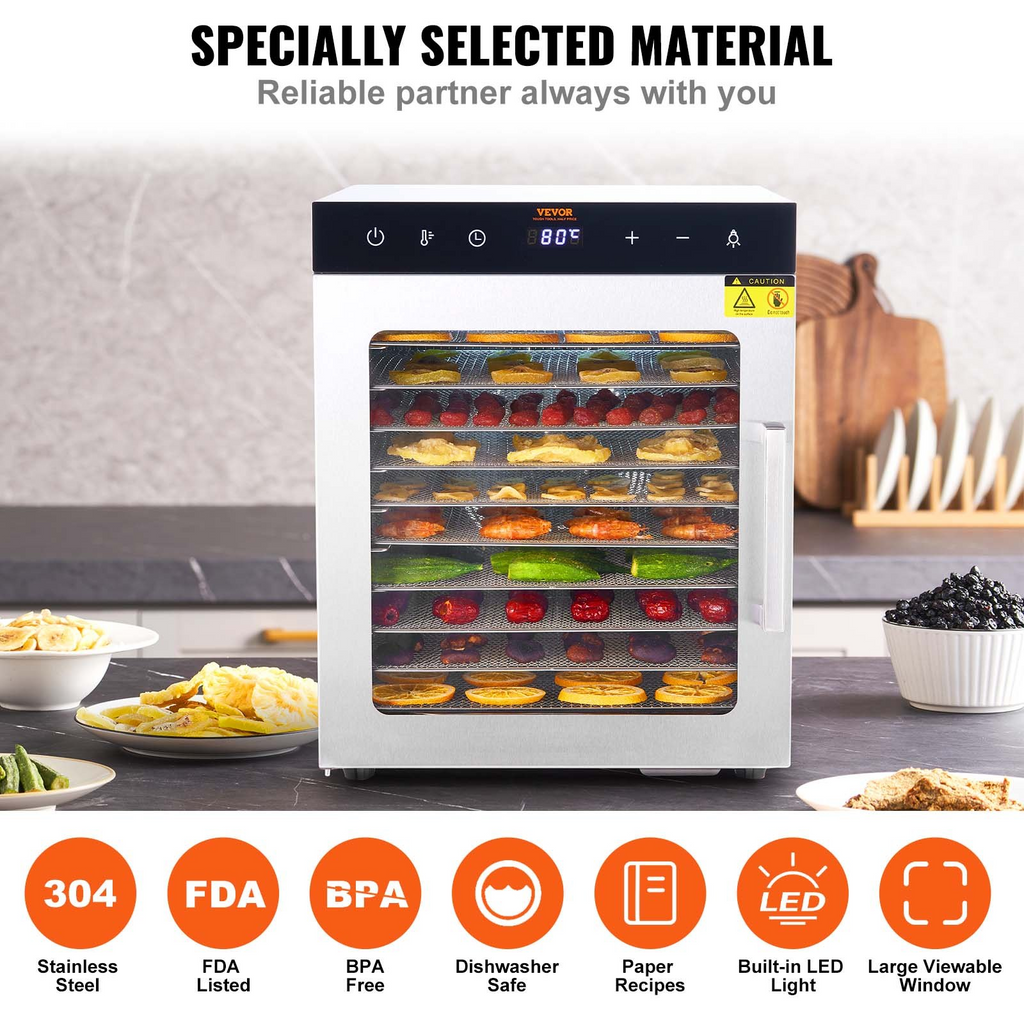 Deshidratador eléctrico de alimentos VEVOR de 800 W 10 bandejas de acero inoxidable