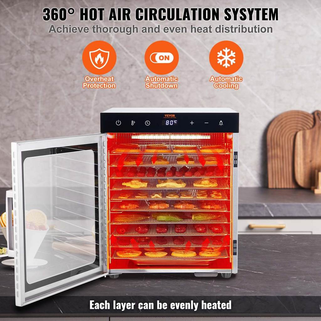 Deshidratador eléctrico de alimentos VEVOR de 800 W 10 bandejas de acero inoxidable