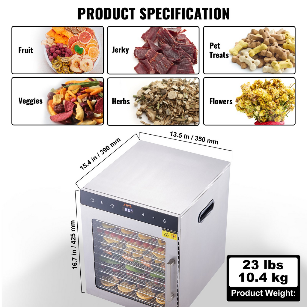 Deshidratador eléctrico de alimentos VEVOR de 800 W 10 bandejas de acero inoxidable