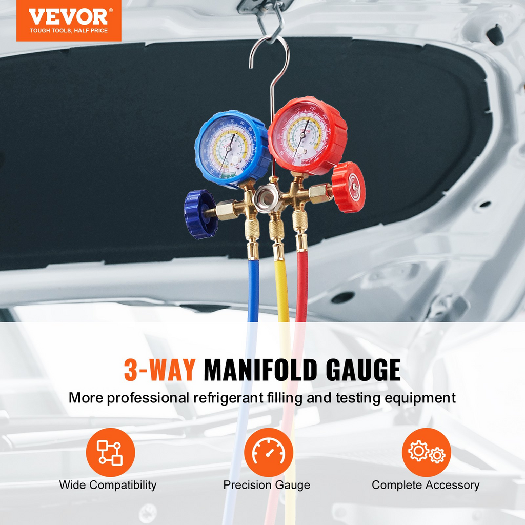 Juego de manómetros de CA VEVOR de 3 vías para refrigerante R134A R22 R12 R502 con mangueras de 5 pies