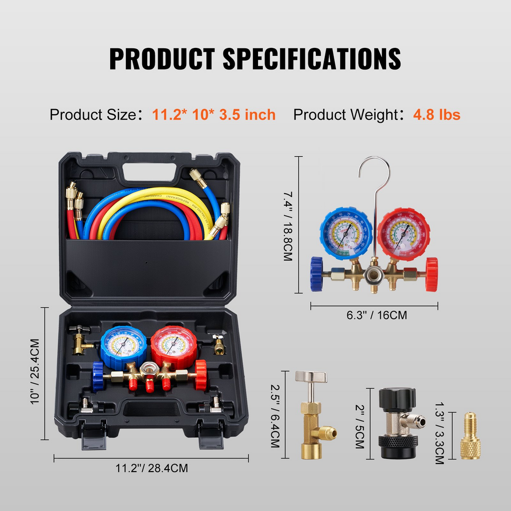 Juego de manómetros de CA VEVOR de 3 vías para refrigerante R134A R22 R12 R502 con mangueras de 5 pies