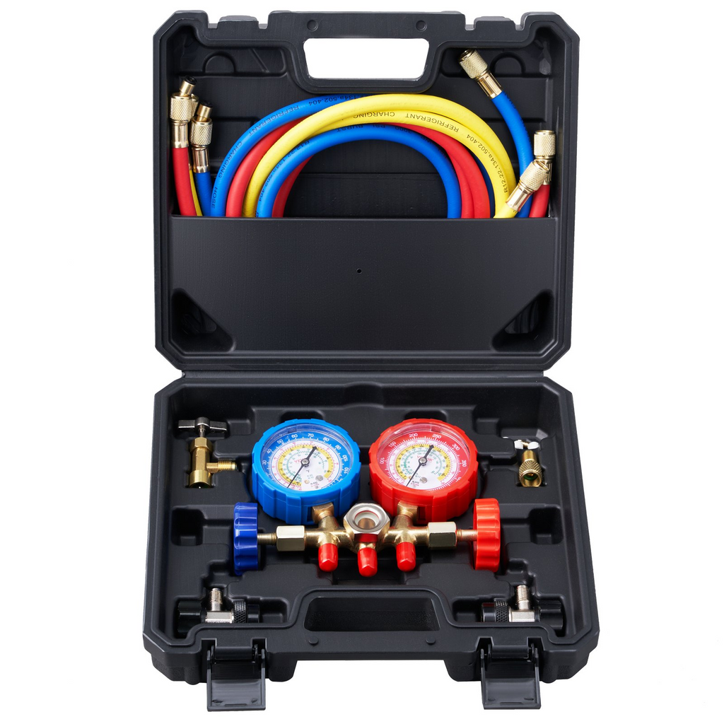 Juego de manómetros de CA VEVOR de 3 vías para refrigerante R134A R22 R12 R502 con mangueras de 5 pies