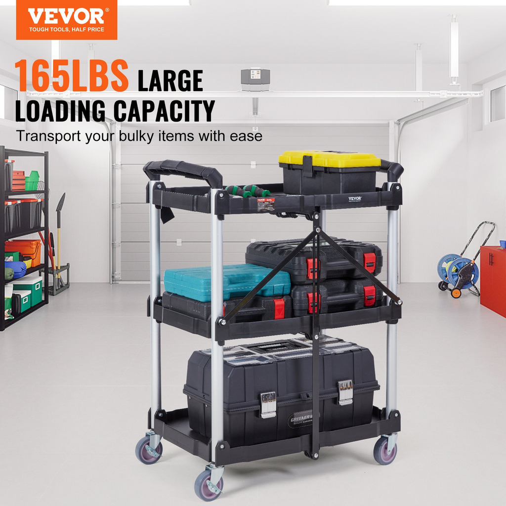 VEVOR  Carrito de servicio plegable para uso general 3 estantes 165 libras (25,62 x 15,43 x 32,76 pulgadas)