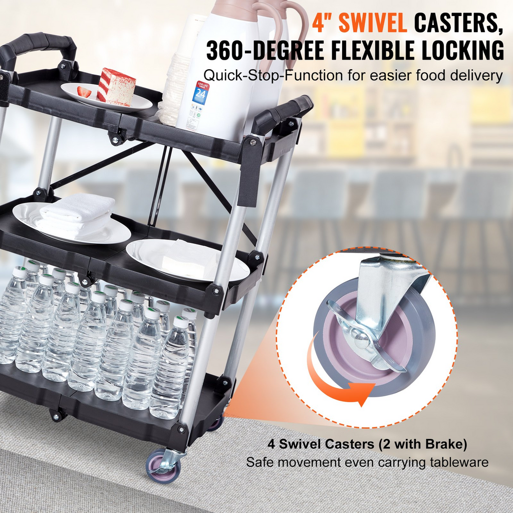 VEVOR  Carrito de servicio plegable para uso general 3 estantes 165 libras (25,62 x 15,43 x 32,76 pulgadas)