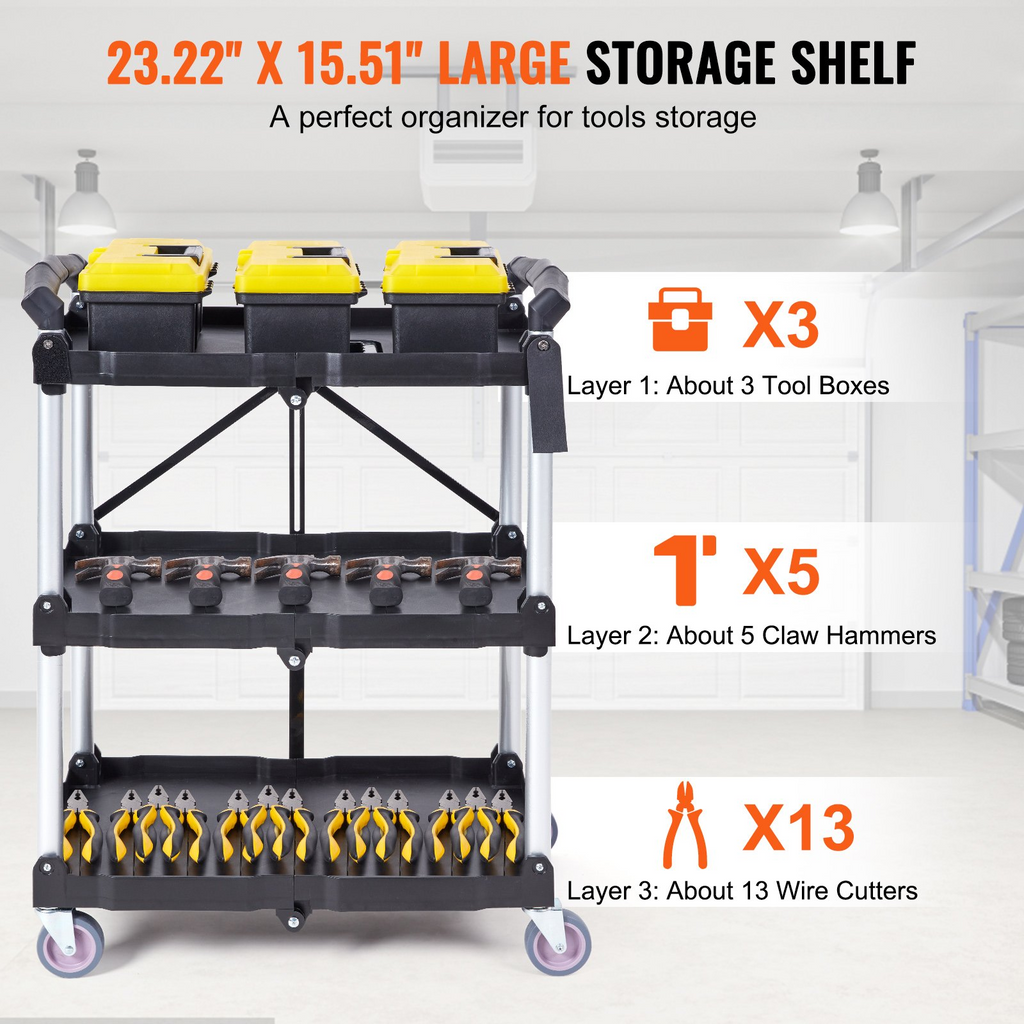 VEVOR  Carrito de servicio plegable para uso general 3 estantes 165 libras (25,62 x 15,43 x 32,76 pulgadas)