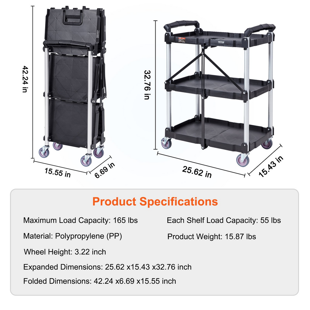 VEVOR  Carrito de servicio plegable para uso general 3 estantes 165 libras (25,62 x 15,43 x 32,76 pulgadas)