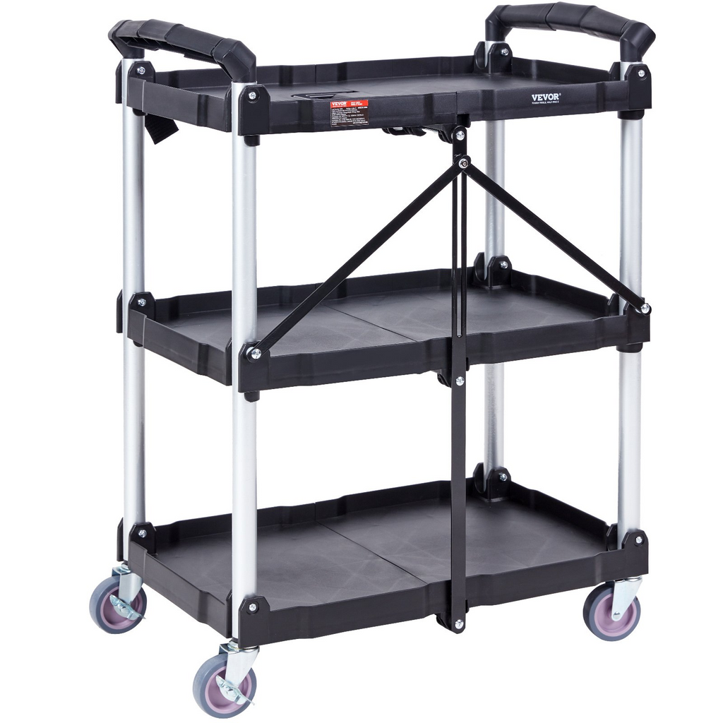 VEVOR  Carrito de servicio plegable para uso general 3 estantes 165 libras (25,62 x 15,43 x 32,76 pulgadas)