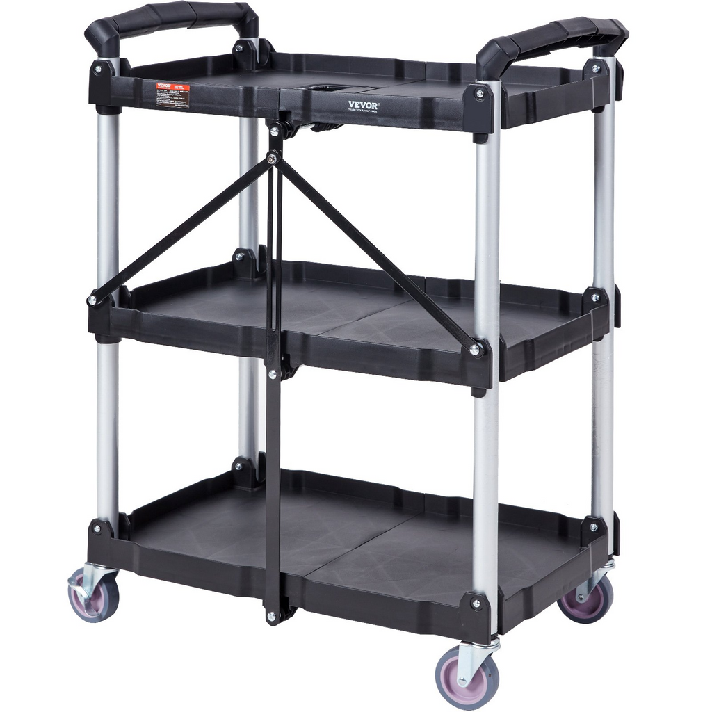 VEVOR  Carrito de servicio plegable para uso general 3 estantes 165 libras (25,62 x 15,43 x 32,76 pulgadas)
