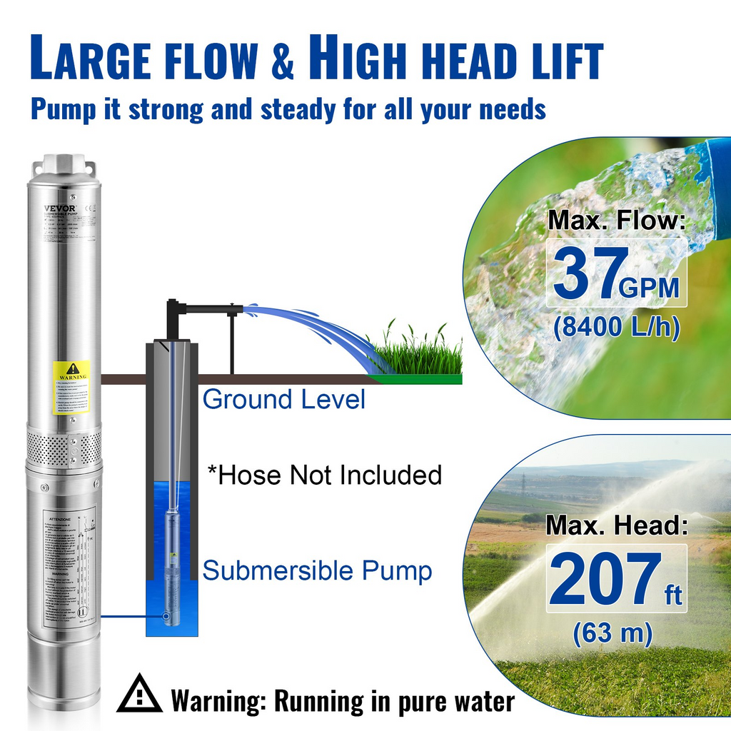 Bomba sumergible para pozos profundos VEVOR 1 HP 230 V/60 Hz caudal de 37 gpm altura de elevación de 207 pies con cable eléctrico de 33 pies IP68