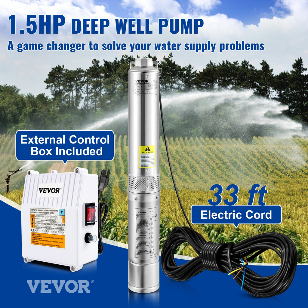 Bomba sumergible para pozos profundos VEVOR 1,5 HP 115 V/60 Hz 37 gpm cabezal de 276 pies con cable de 33 pies