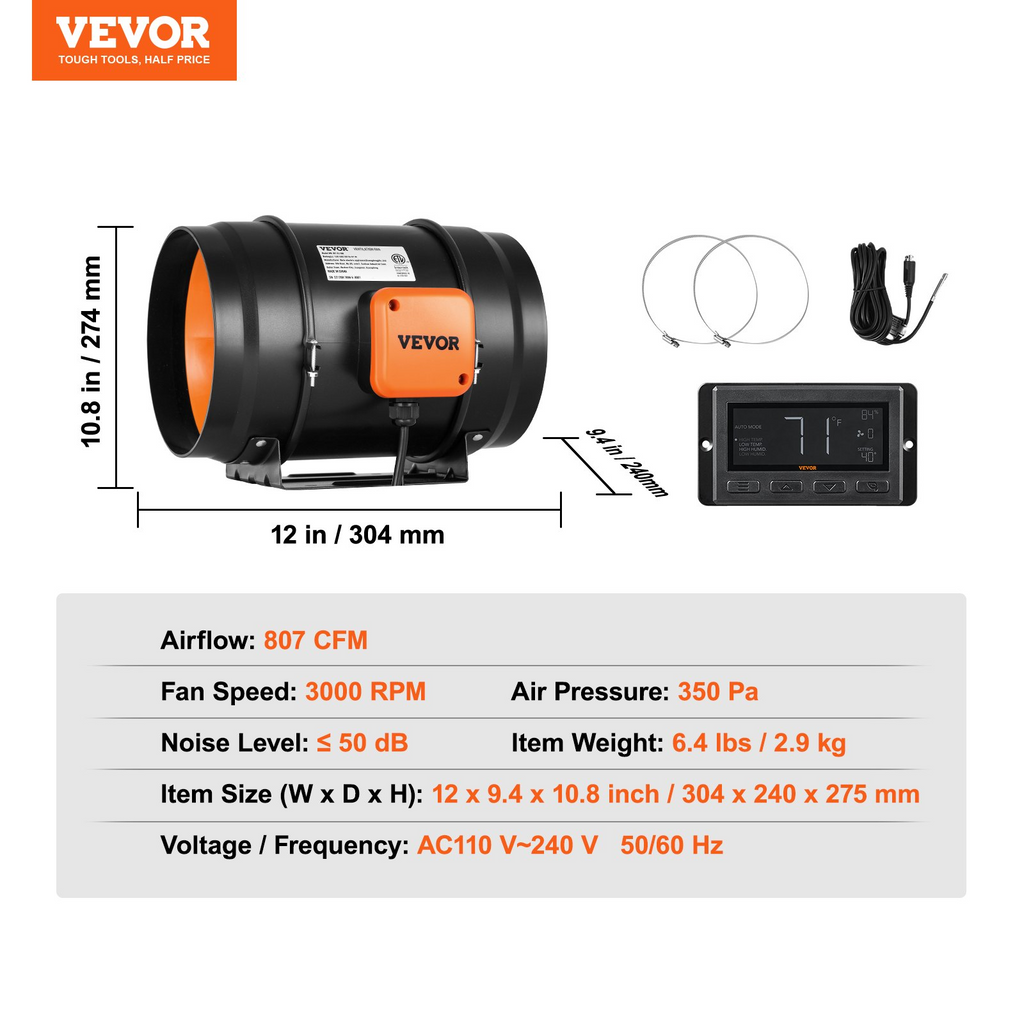 Kit de ventilador de escape para HVAC con conducto en línea VEVOR de 8 pulgadas