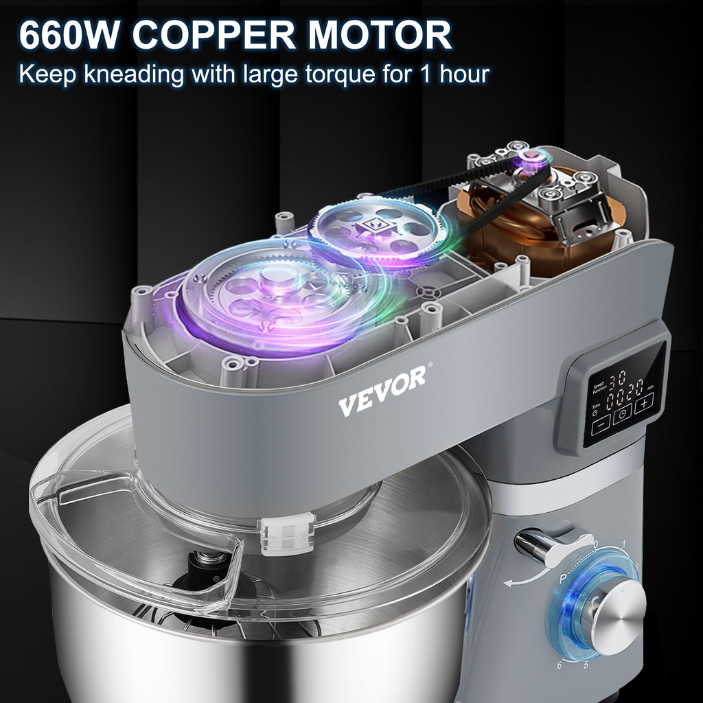 Batidora de pie VEVOR eléctrica de 660 W con 6 velocidades temporizador con pantalla LCD de 5,8 cuartos de galón