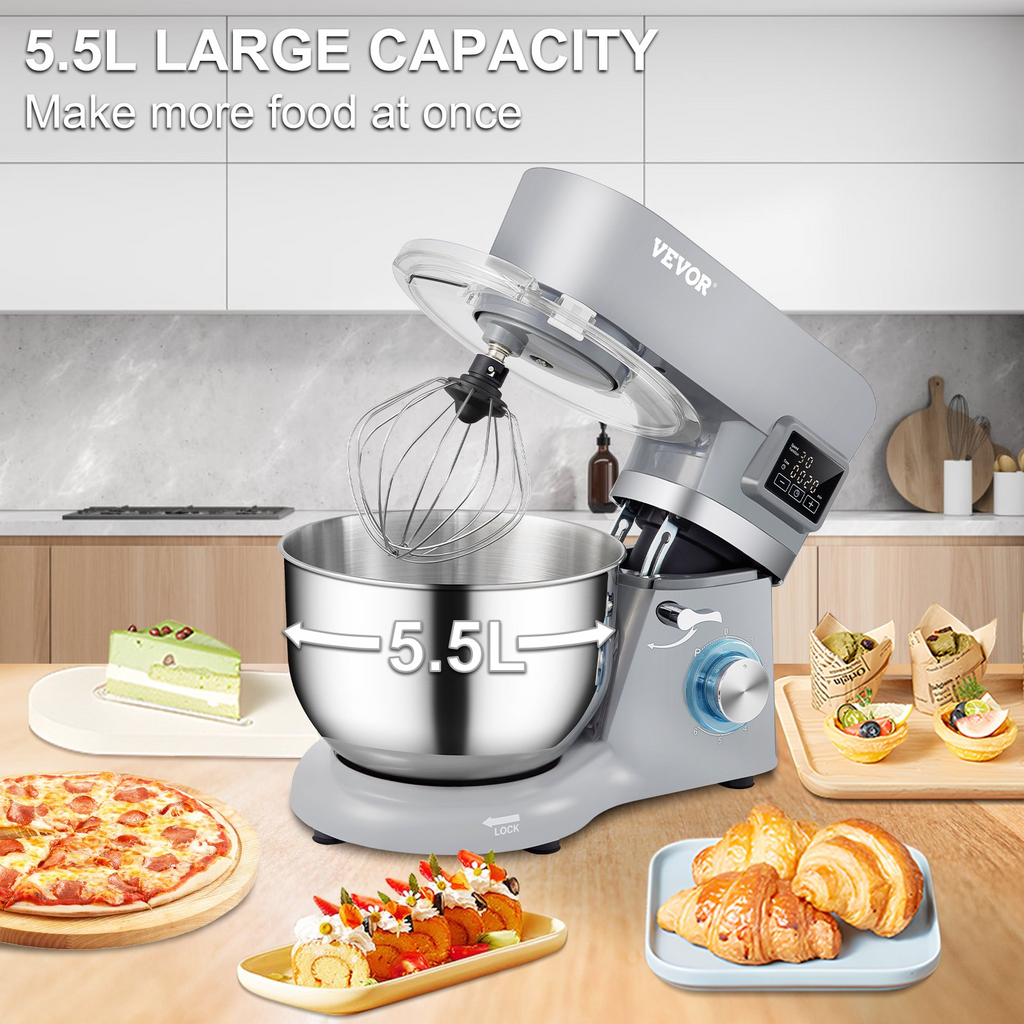 Batidora de pie VEVOR eléctrica de 660 W con 6 velocidades temporizador con pantalla LCD de 5,8 cuartos de galón