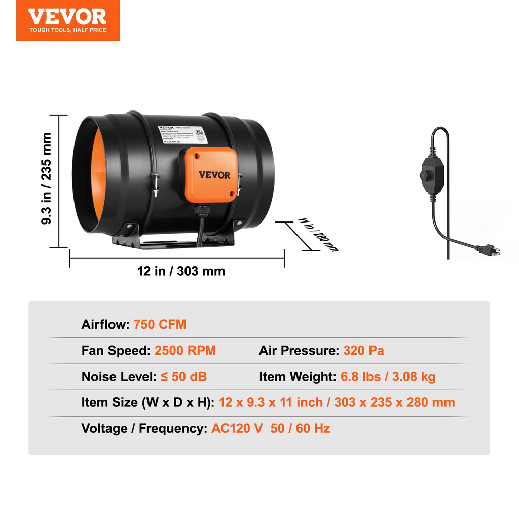 Kit de ventilador de conducto en línea VEVOR de 8 pulgadas para escape de aire acondicionado y calefacción