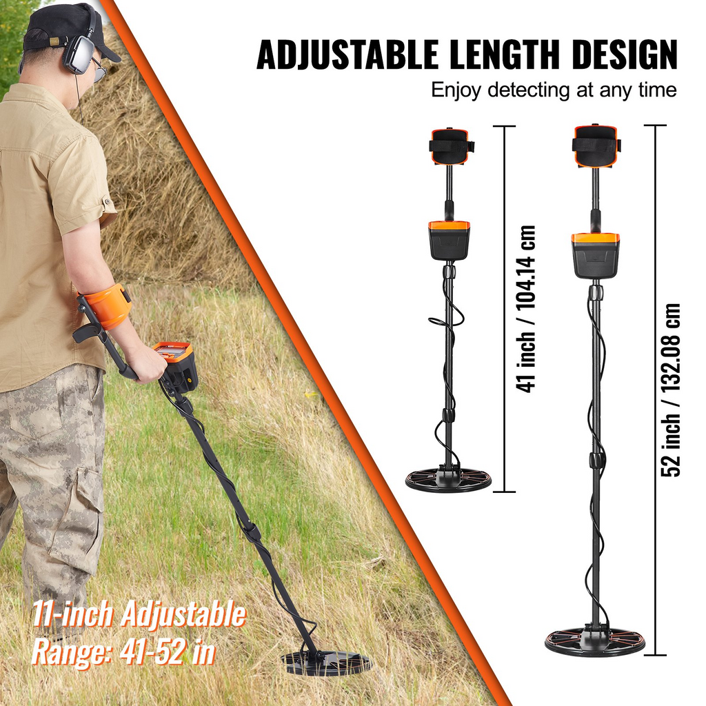 Detector de metales VEVOR para adultos y niños bobina de búsqueda impermeable de 10 pulgadas con pantalla LCD 7 modos vástago de aluminio ajustable de 41'' a 52''