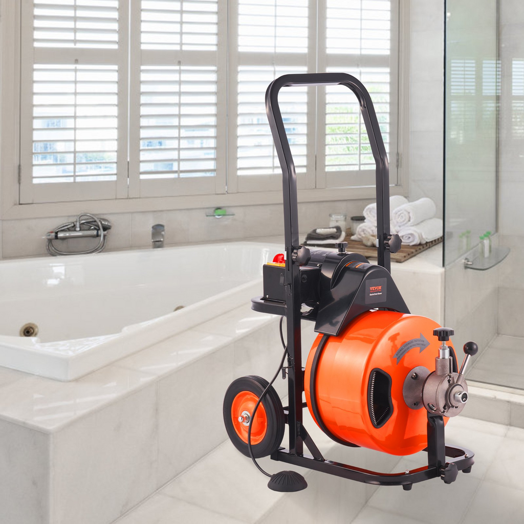 Máquina de limpieza de desagües VEVOR de 23 MTS x 1/2 pulgada, máquina desatascadora de alcantarillado con alimentación automática, limpiador de barrena de desagüe con 4 cortadores e interruptor de pie activado por aire
