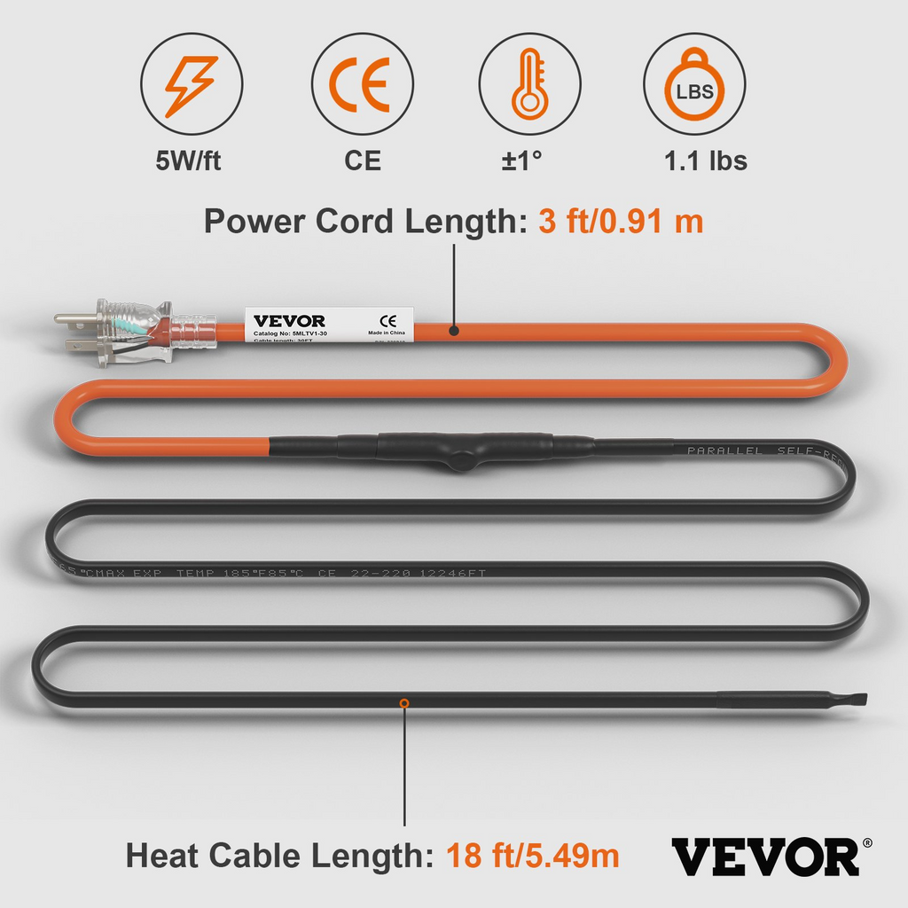 Cable calefactor autorregulable VEVOR de 5,5 m y 5 W/pie  120 V