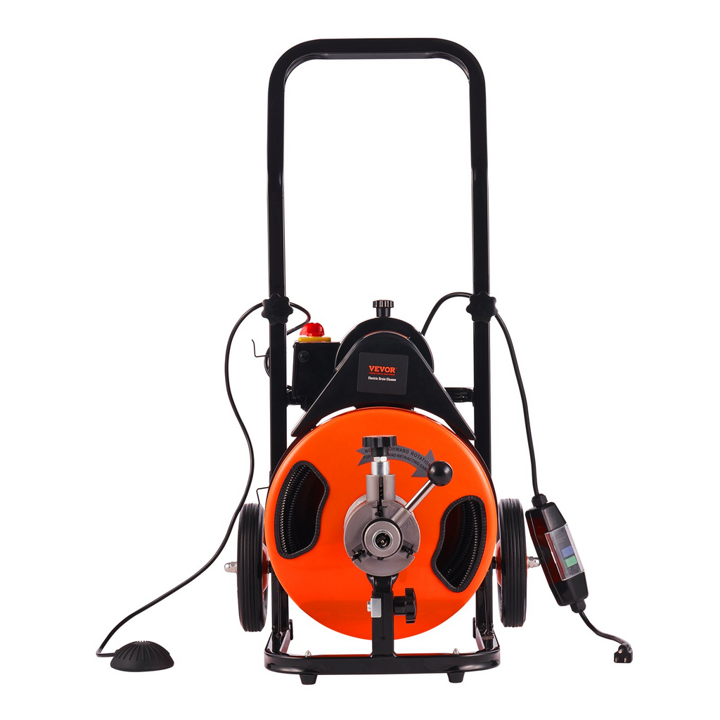 Máquina de limpieza de desagües VEVOR de 22 pies x 3/8 pulgadas, máquina desatascadora de alcantarillado con alimentación automática, limpiador de barrena de desagüe con 4 cortadores e interruptor de pie JH2