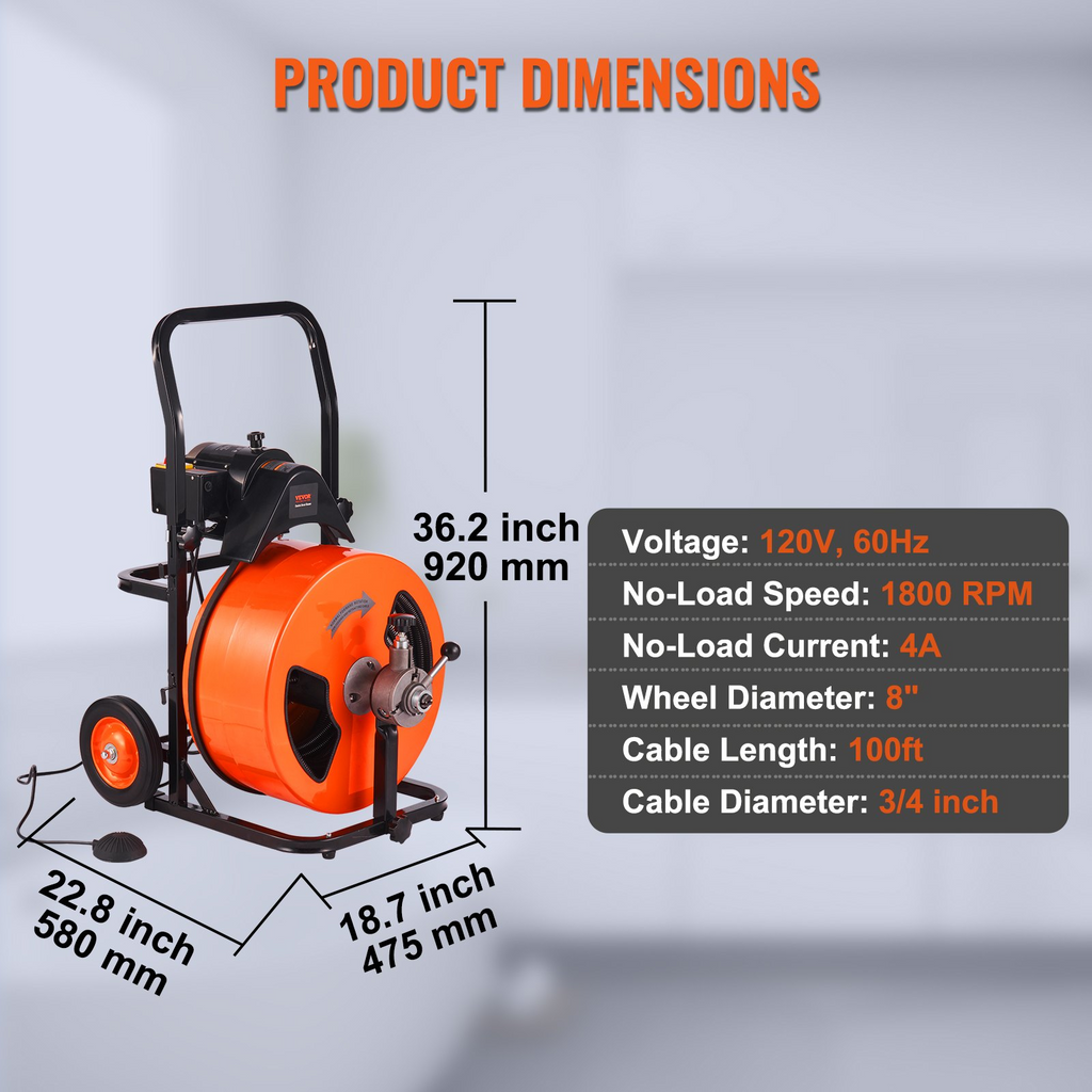 Máquina de limpieza de desagües VEVOR de 30 MTS x 3/4 pulgadas, máquina desatascadora de alcantarillado con alimentación automática, limpiador de barrena de desagüe con 4 cortadores e interruptor de pie